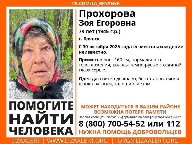 В Брянске ведутся поиски пропавшей 79-летней Зои Прохоровой