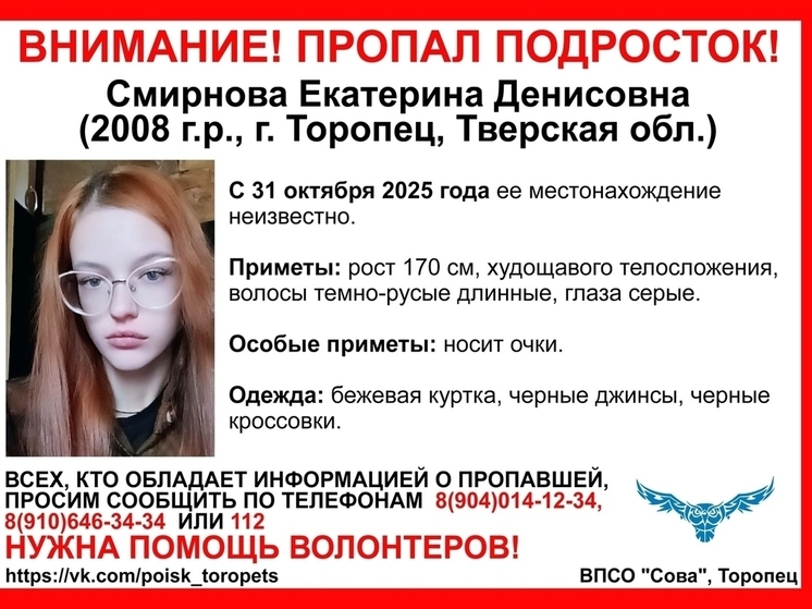 Худощавая девушка-подросток пропала в Тверской области