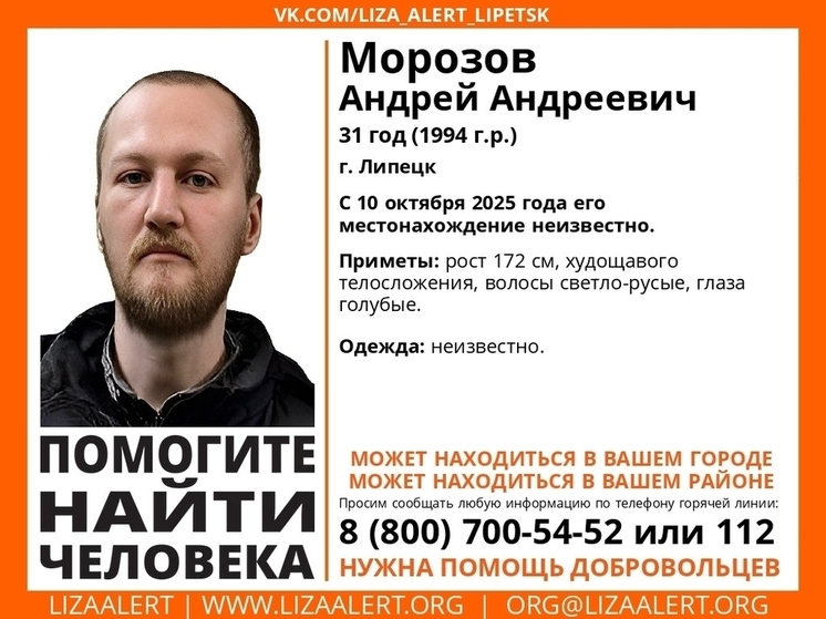 Волонтеры «ЛизаАлерт» объявили о начале поисков 31-летнего липчанина