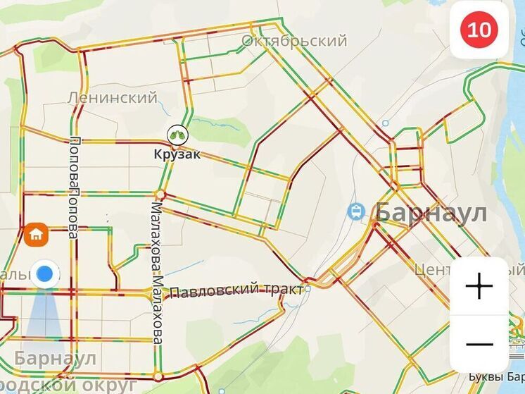 Барнаул сковали утренние десятибалльные пробки