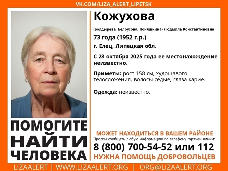 В Ельце разыскивают 73-летнюю пенсионерку, пропавшую 28 октября