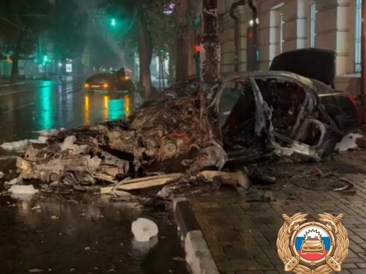 Иномарка сгорела дотла, после столкновения с опорой ЛЭП в Ростове