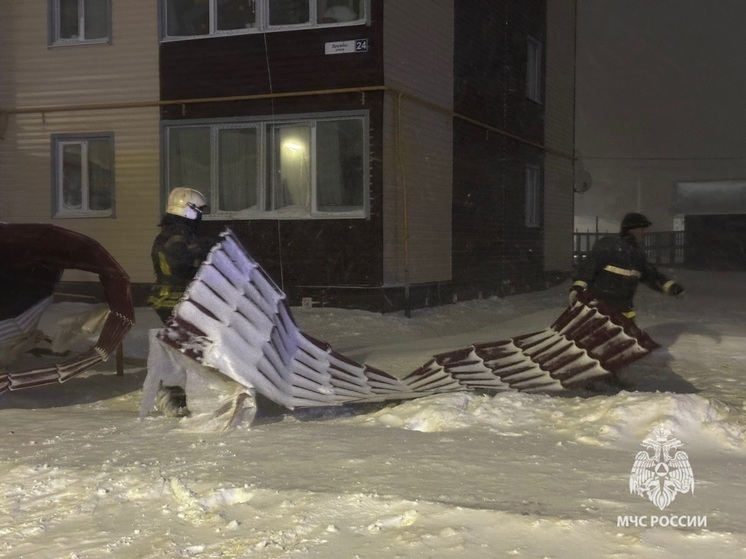 Мощный ветер в поселке Искателей сбросил с крыши кусок кровли