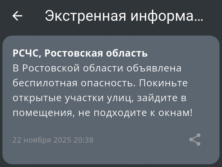 Режим беспилотной опасности объявили в Ростовской области вечером 22 ноября
