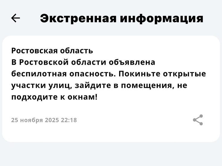 Опасность из-за беспилотников объявлена в Ростовской области 25 ноября