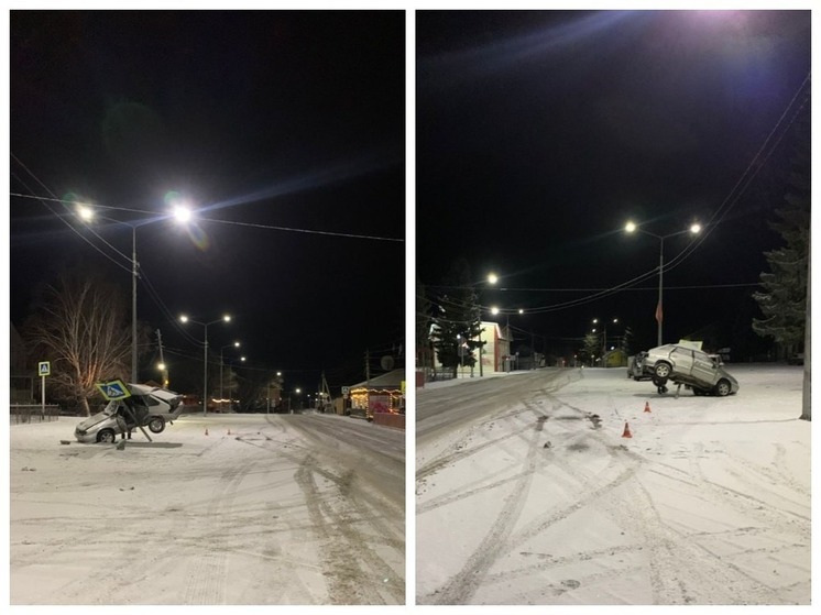 На Алтае пьяный «бесправный» водитель легковушки влетел в дорожный знак