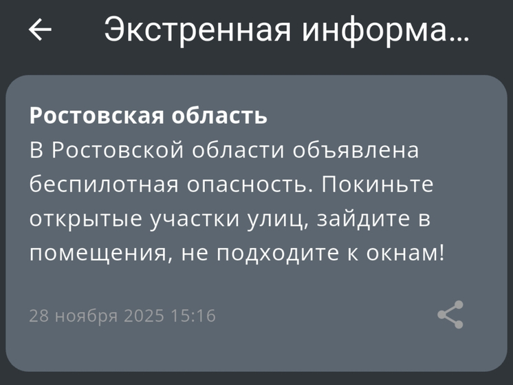 Днем 28 ноября в Ростовской области ввели режим беспилотной опасности