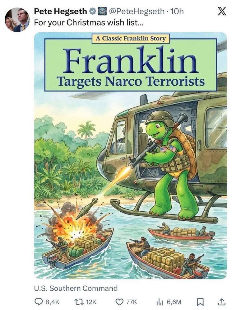 Питер Хегсет опубликовал в соцсетях картинку с черепашкой Франклином на фоне скандала