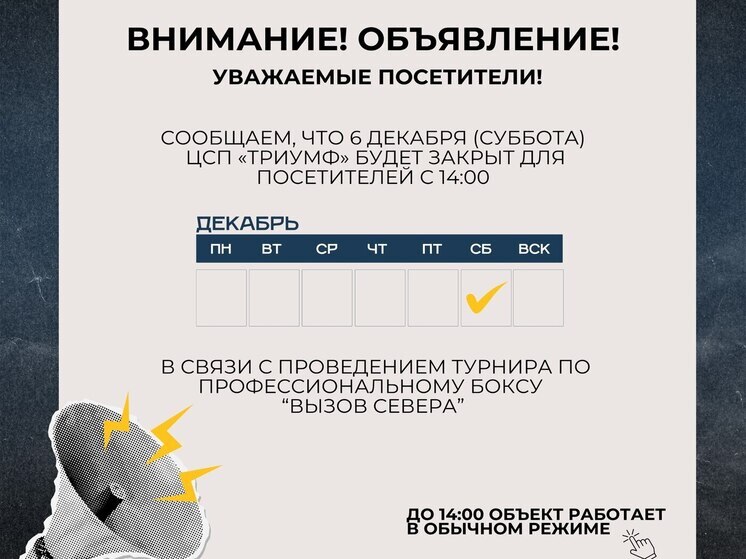 ЦСП «Триумф» изменит график работы 6 декабря из-за турнира по боксу