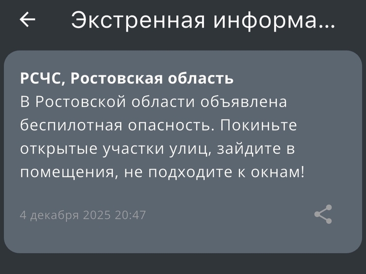 Беспилотную опасность объявили вечером 4 декабря в Ростовской области