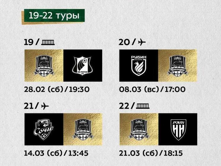 В 19 туре РПЛ ФК «Краснодар» сыграет с ФК «Ростов» в последний день зимы