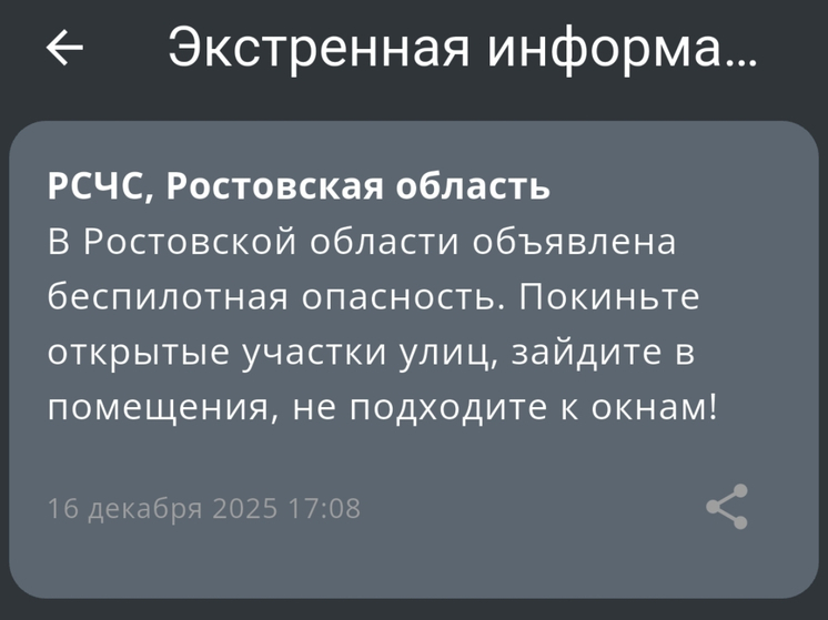 Жителей Ростовской области предупредили об угрозе атаки беспилотников 16 декабря