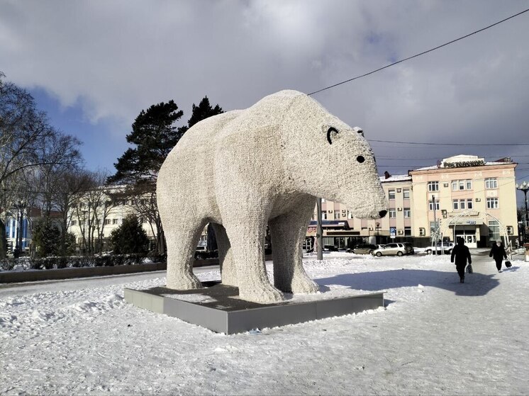 Голова новогоднего медведя на главной площади Южно-Сахалинска уехала на ремонт