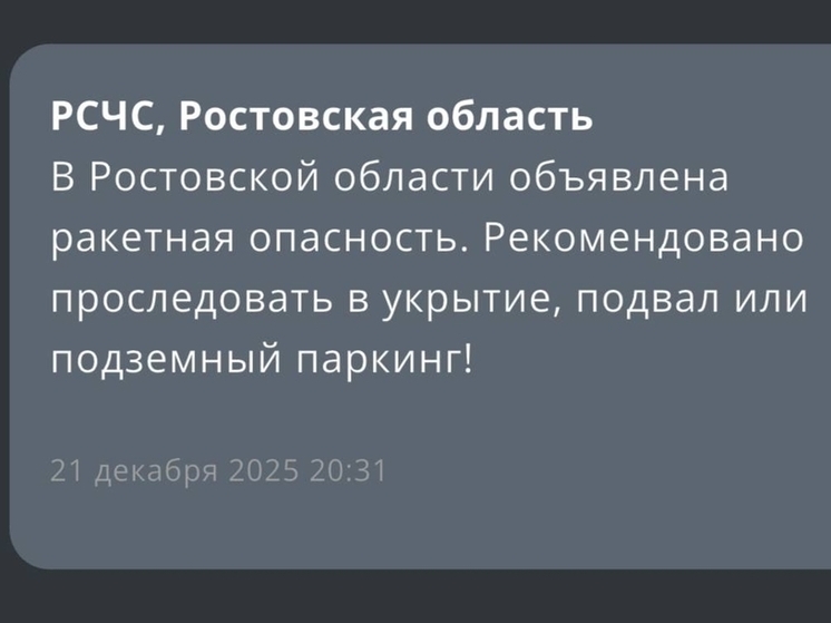 В Ростовской области объявлена ракетная опасность вечером 21 декабря