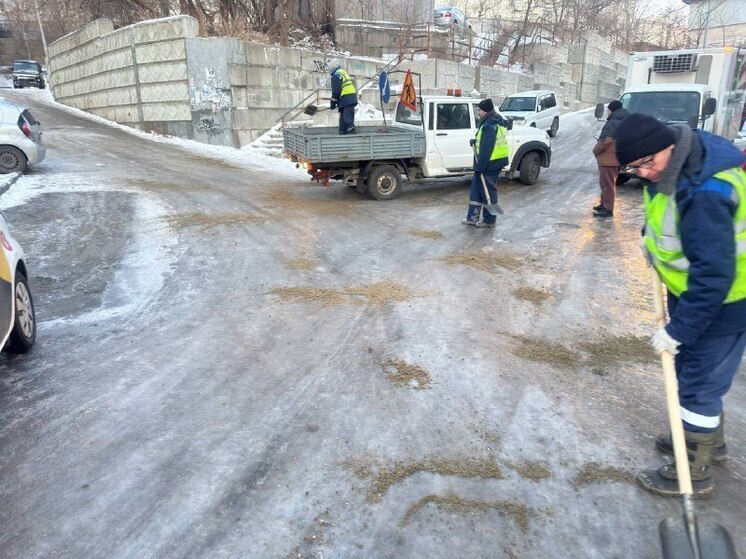 Дорожные службы Владивостока за ночь обработали 26 тысяч «квадратов» тротуаров от снега и льда
