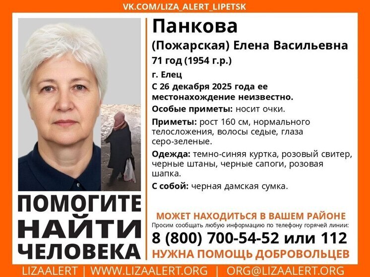 В Ельце разыскивают 71-летнюю Елену Панкову