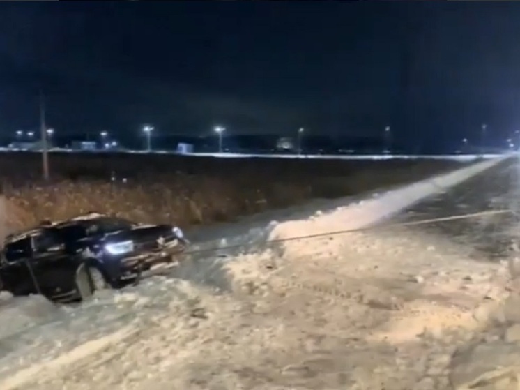 В Кургане автомобиль вылетел с дороги и застрял в сугробе