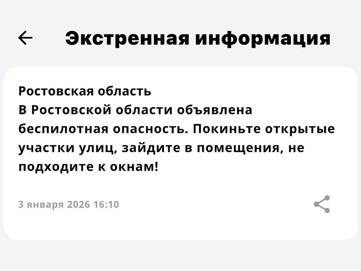 В Ростовской области 3 января объявили об опасности БПЛА