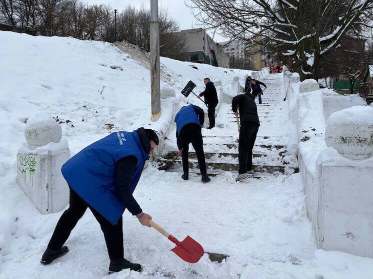 Мэр Курска вместе с общественниками расчистил заснеженную лестницу на улице Мирной