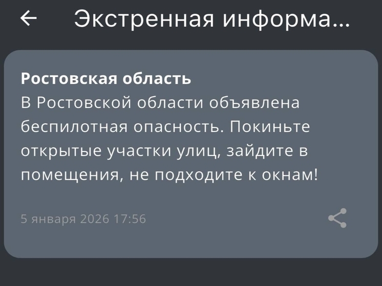 В Ростовской области вечером 5 января объявили беспилотную опасность
