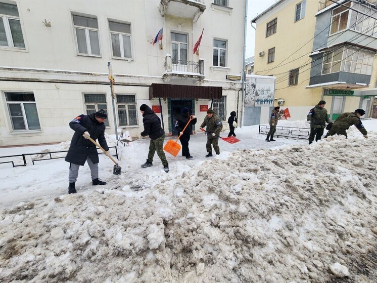 Тульские казаки взялись за лопаты и расчистили тротуары на Жаворонкова