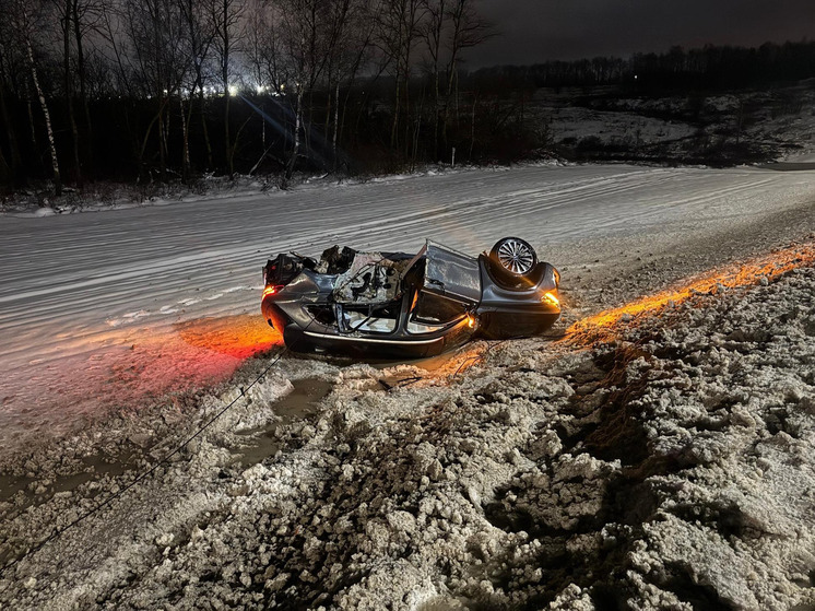 На трассе под Орлом автомобиль врезался в столб и опрокинулся