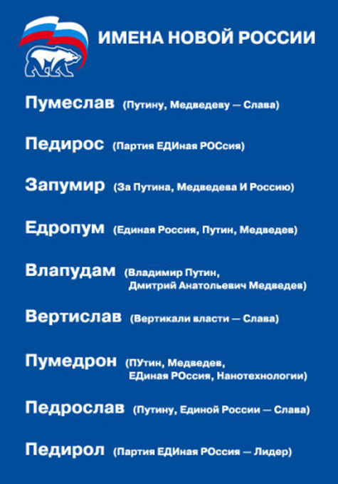 По Рунету гуляет список возможных имен для новорожденных, чьи родители являются активными сторонниками партии власти