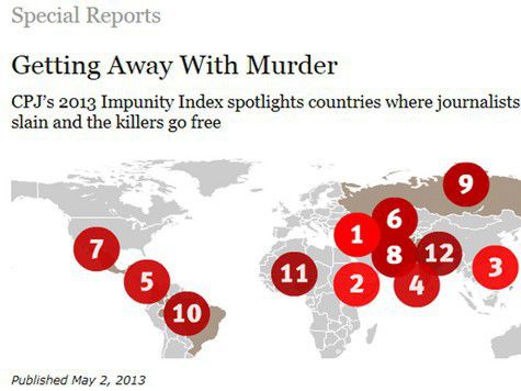 Также она продолжает оставаться на 9 месте рейтинга стран, где безнаказанно убивают журналистов 
