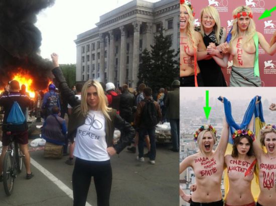 Одна из активисток скандально популярного украинского движения Femen Евгения Крайзман снялась 2 мая 2014 года на фоне Дома профсоюзов в Одессе (Украина)
